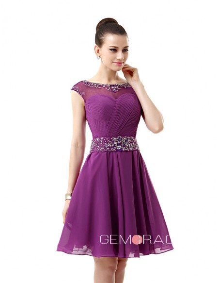 A-Line Scoop Neck Short Chiffon Prom Dress With Beading #YH0044 $123 ...