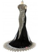 Black Mermaid Scoop Sweep-train Prom Dress with Beading