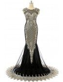 Black Mermaid Scoop Sweep-train Prom Dress with Beading