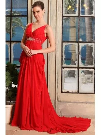 Ball-gown V-neck Sweep Train Chiffon Evening Dress With Beading