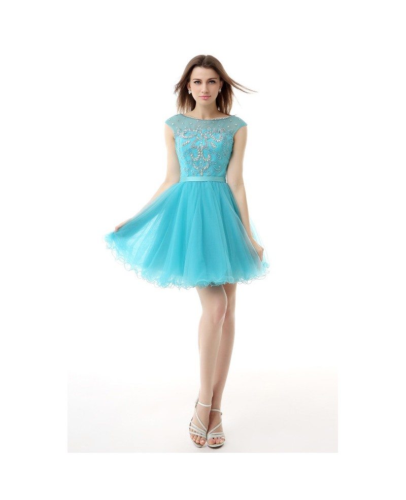 A-Line Scoop Neck Short Tulle Prom Dress With Appliques Lace #YH0045 ...