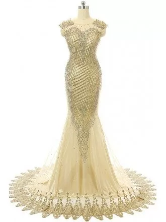 Champagne Mermaid Scoop Sweep-train Prom Dress with Beading