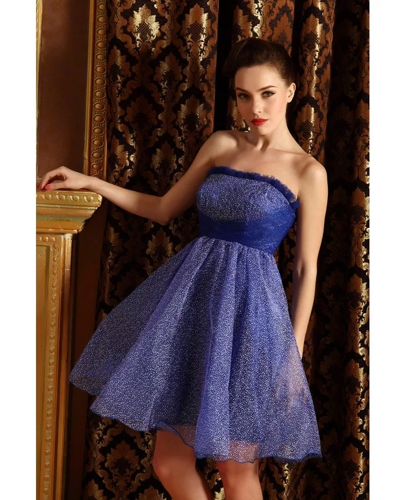 A Line Strapless Tulle Short Prom Dress With Beading Op