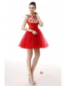 A-Line Scoop Neck Short Tulle Prom Dress With Beading