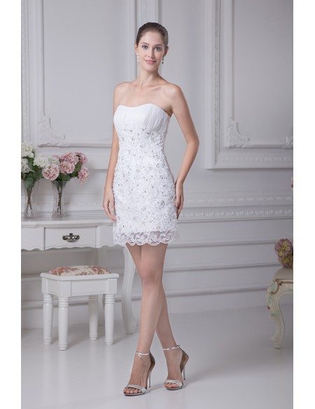 Sheath Strapless Short Satin Lace Wedding Dress With Beading