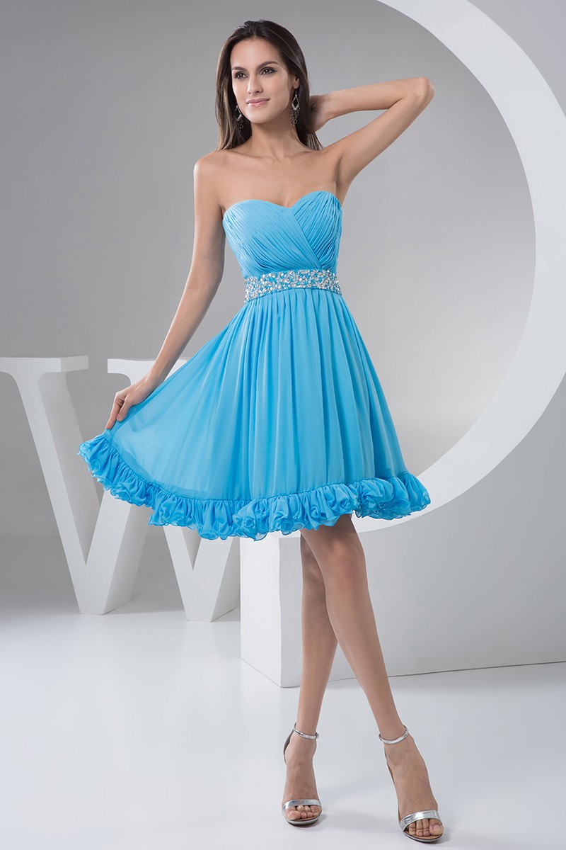 Vintage A Line Sweetheart Neck Beaded Lake Blue Ombre Chiffon Homecoming Dress Outfits DP5011