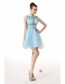 A-Line Scoop Neck Short Organza Prom Dress With Appliquer Lace
