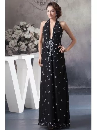 A-line Halter Floor-length Chiffon Evening Dress With Sequins