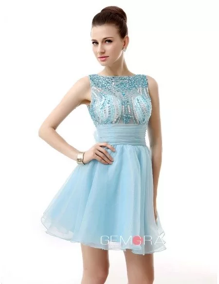 A-Line Scoop Neck Short Organza Prom Dress With Appliques Lace #YH0048 ...