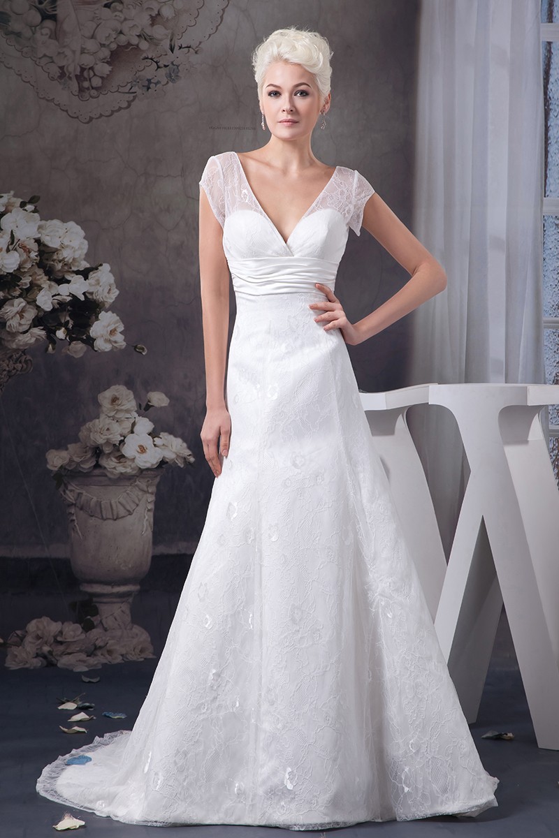 A-line V-Neck Court Train Lace Wedding Dress With Beading #OPH1528 $221 ...