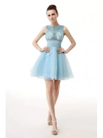 A-Line Scoop Neck Short Organza Prom Dress With Appliquer Lace