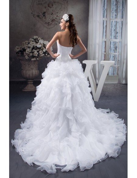 Ball-gown V-neck Cathedral Train Tulle Wedding Dress With Cascading Ruffle