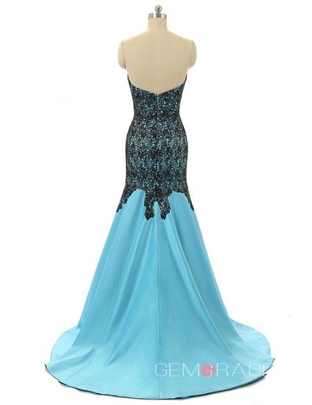 Ocean-blue Mermaid Sweetheart Sweep-train Asymmetrical Prom Dress with Beading