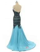 Ocean-blue Mermaid Sweetheart Sweep-train Asymmetrical Prom Dress with Beading