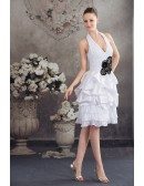 A-line Halter Knee-length Satin Prom Dress With Beading