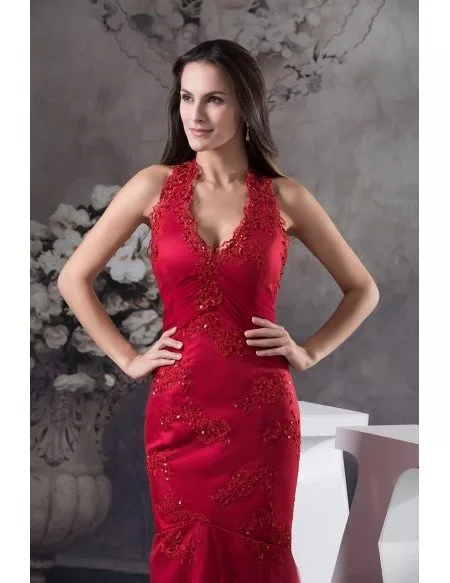Mermaid Halter Floor-length Satin Lace Evening Dress #OP4613 $165.2 ...