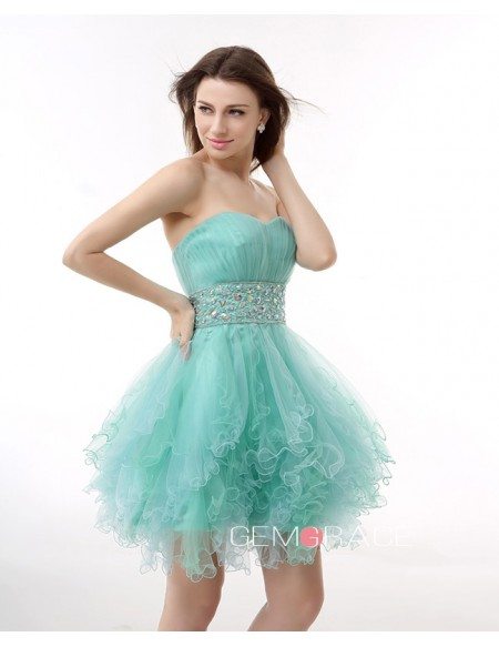 A-Line Sweetheart Short Tulle Prom Dress With Beading Cascading Ruffles ...