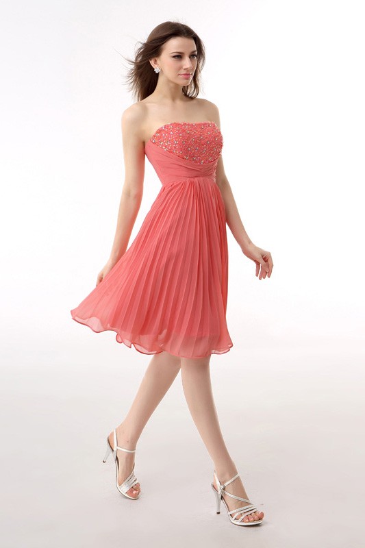 Coral Strapless Short Cheap Prom Homecoming Dress Chiffon A Line With  Beading Ruffles #YH0053 $109 - GemGrace.com