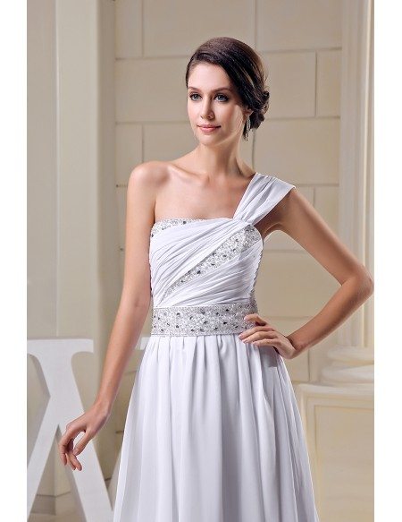 A-line One-shoulder Floor-length Chiffon Wedding Dress With Beading