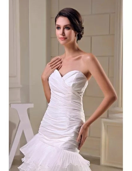 Sheath Sweetheart Asymmetrical Satin Tulle Wedding  Dress With Cascading Ruffle