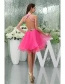 A-line V-neck Short Tulle Prom Dress With Beading