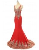 Red Mermaid V-neck Sweep-train Prom Dress with Beading