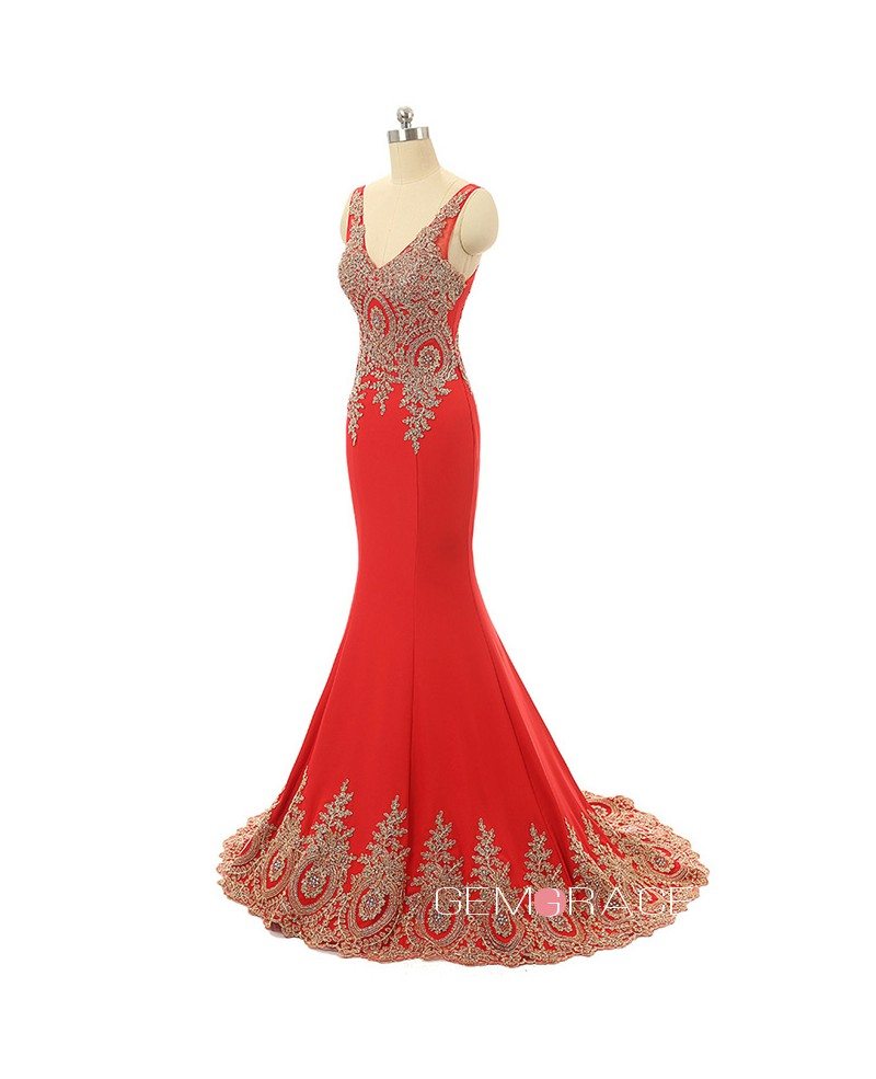 Red Mermaid V-neck Sweep-train Prom Dress with Beading #CY027218 $217 ...