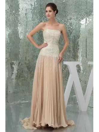 A-line Strapless Sweep Train Sequined Chiffon Prom Dress