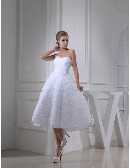 A-line Strapless Tea-length Tulle Wedding Dress With Flowers