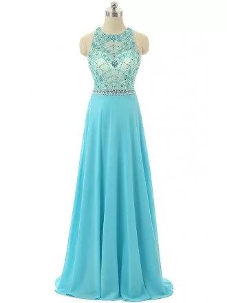 A-line Halter Sweep-train Prom Dress with Beading