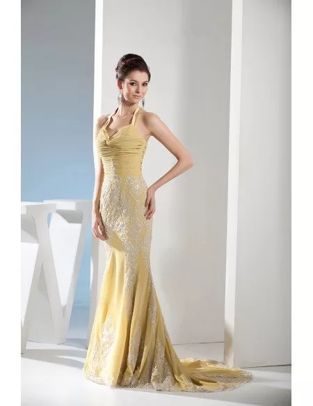 Mermaid Halter Sweep Train Chiffon Prom Dress With Appliques Lace