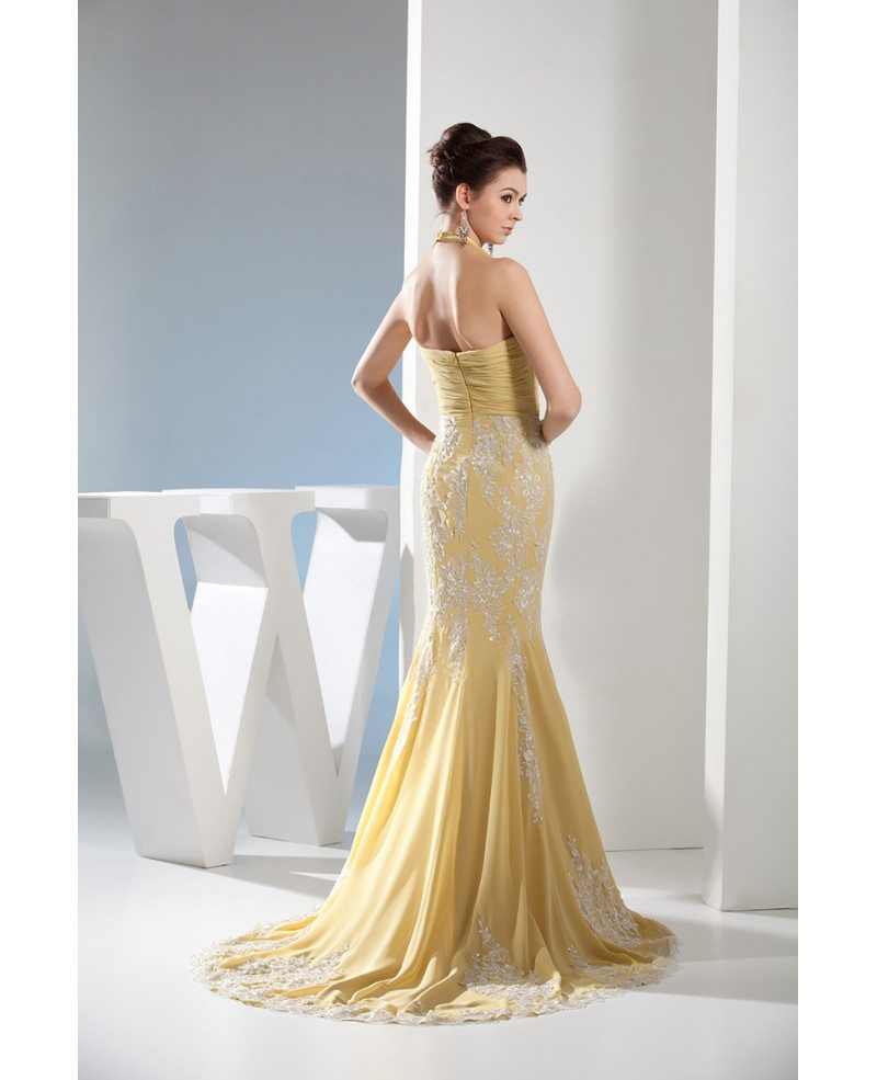 Mermaid Halter Sweep Train Chiffon Prom Dress With Appliques Lace # ...