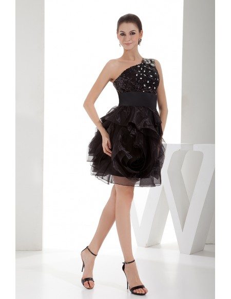 Ball-gown One-shoulder Short Tulle Prom Dress With Beading