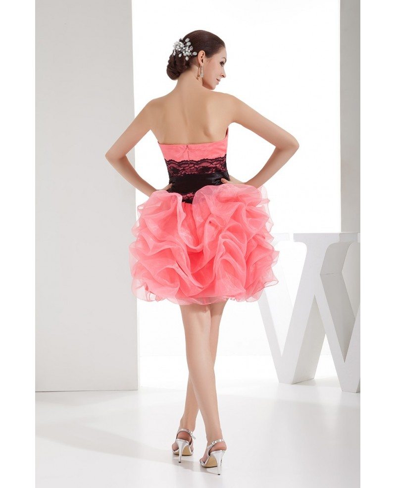 Cute Pink and Black Strapless Short Tulle Prom Dress With Cascading ...