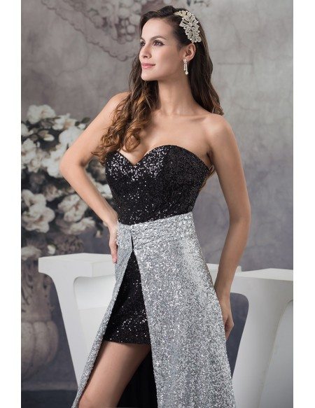 Detachable A-line Sweetheart Asymmetrical Sequined Prom Dress