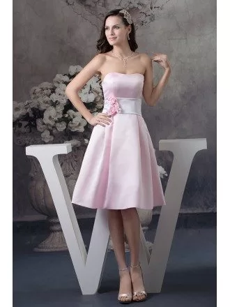 A-line Strapless Knee-length Satin Dress With Flowers