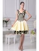Black and Yellow Peacock Pattern Short Beaded Prom Dress with Sweetheart Neck