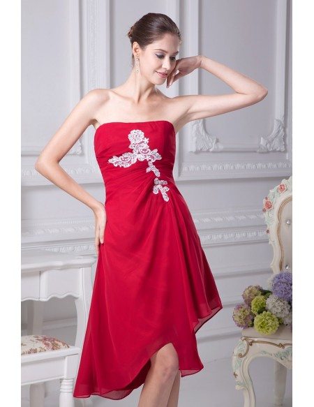 Red with White Lace Strapless Short Chiffon Bridesmaid Dress