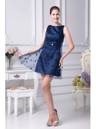 Scoop Neck Navy Blue Cocktail Tulle Bridesmaid Dress without Sleeves