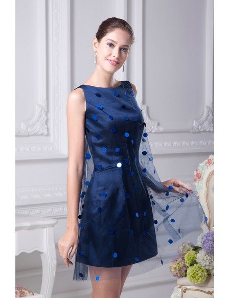 Scoop Neck Navy Blue Cocktail Tulle Bridesmaid Dress without Sleeves