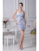 One Shoulder Strap Pleated Taffeta Beaded Short Wedding Dress in Light Blue Color