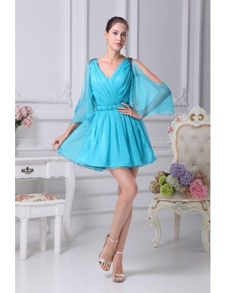 Short Chiffon Dress with Sweetheart Neck Shining Decor Dusty Blue Plus Size