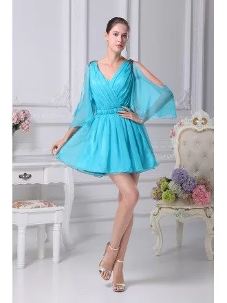 Peacock Blue Sweetheart Short Chiffon Bridal Party Dress with Sleeves