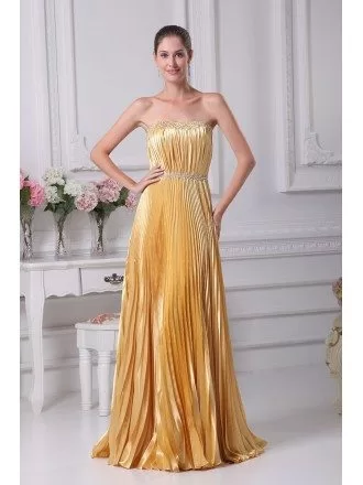 Gorgeous Strapless Pleated Long Gold Wedding Dress with Beading