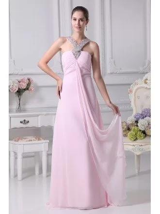 Simple Chiffon Floor Length Pink Prom Dress with Beading Halter Neck