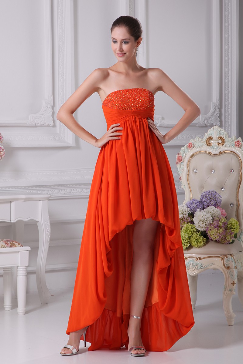 Simple Strapless Beaded Orange Prom Dress Short In Front Long In Back