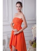 Simple Strapless Beaded Orange Prom Dress Short in Front Long in Back