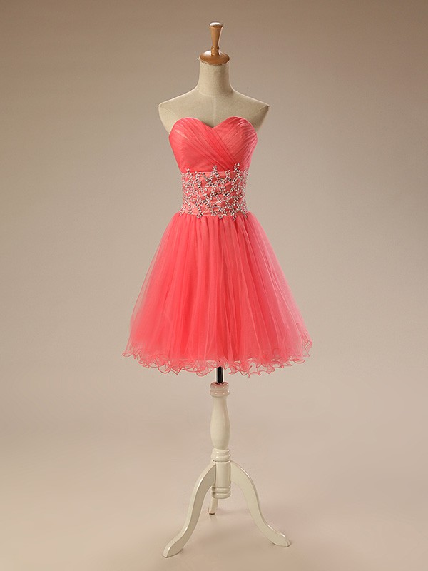 A-Line Sweetheart Short Tulle Prom Dress With Beading Ruffles #YH0062 ...