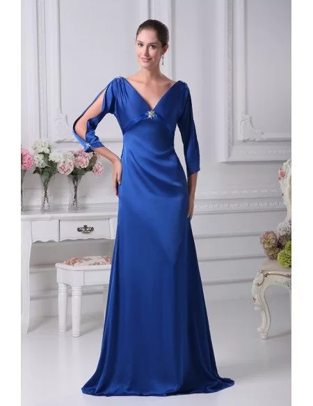 Royal Blue Simple Satin Long Sleeved Evening Dress with Deep V Top