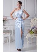 Simple One Shoulder Taffeta Light Blue Bridesmaid Dress in Floor Length